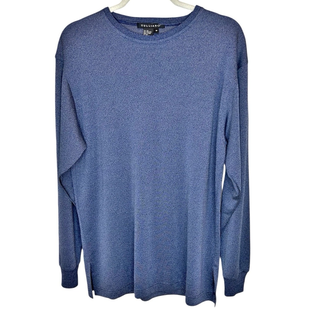 Tulliano Shirt Mens Medium Silk Blend Knit Top Long Sleeve Crew Neck Blue Casual